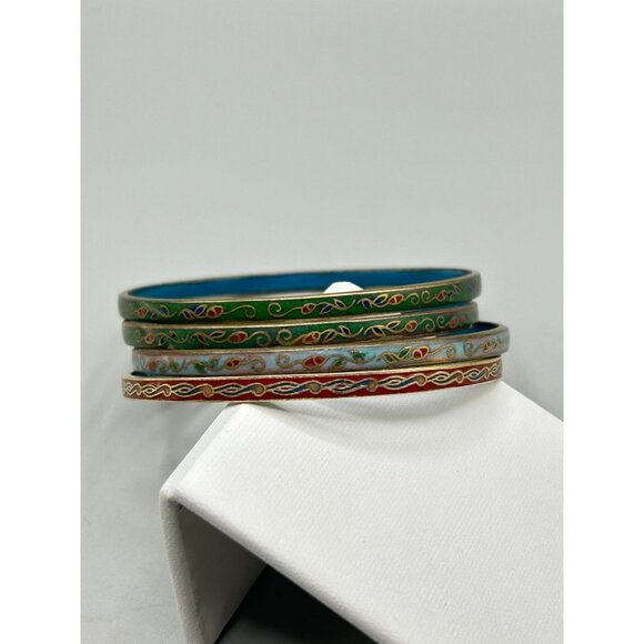 Set of 4 Chinese Cloisonne Bangles with Colorful Enamel Detailing & Gold Accents - Picture 3 of 7